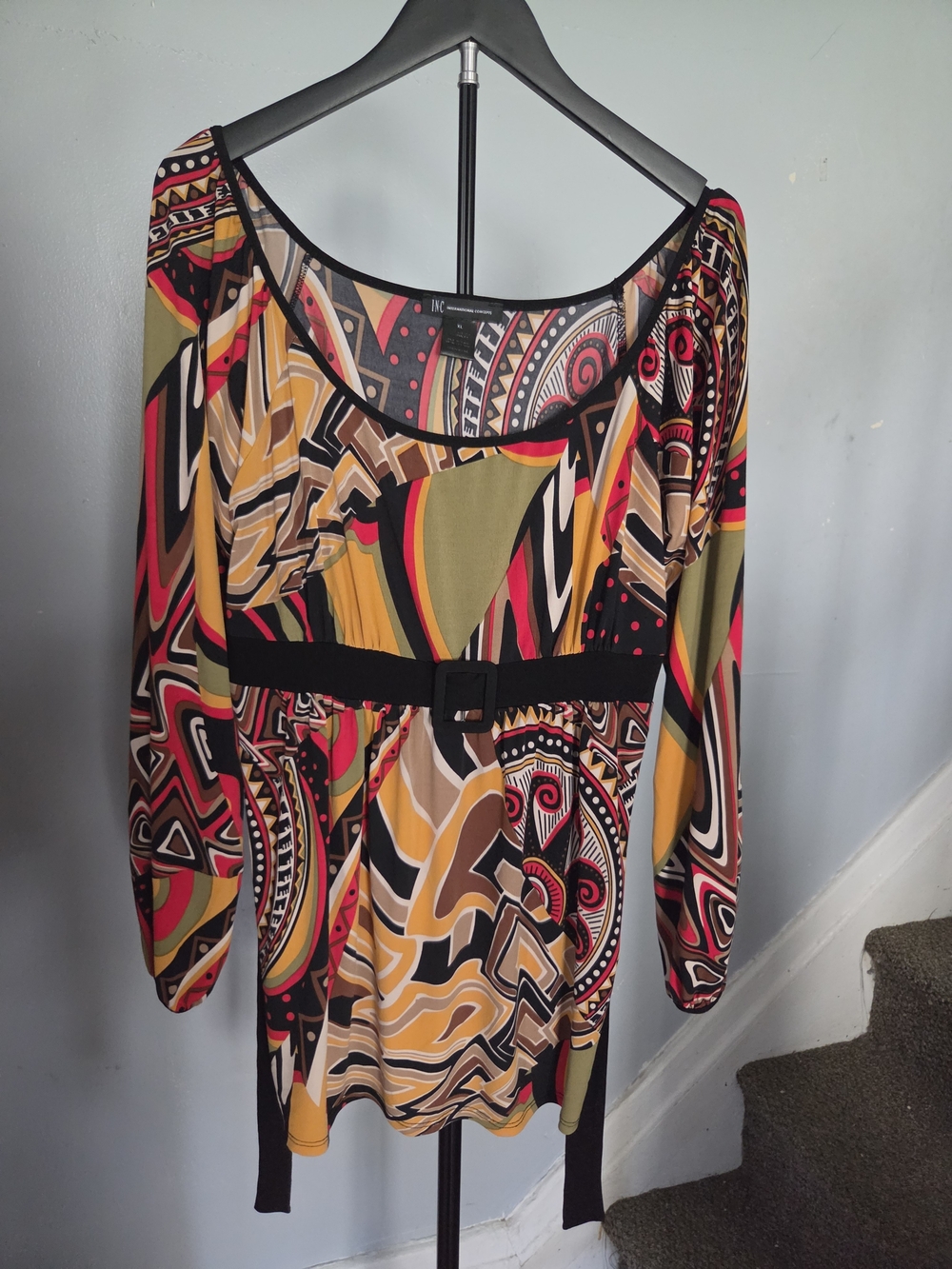 INC International Concepts Abstract Multicolor Long Sleeve Belted Dress